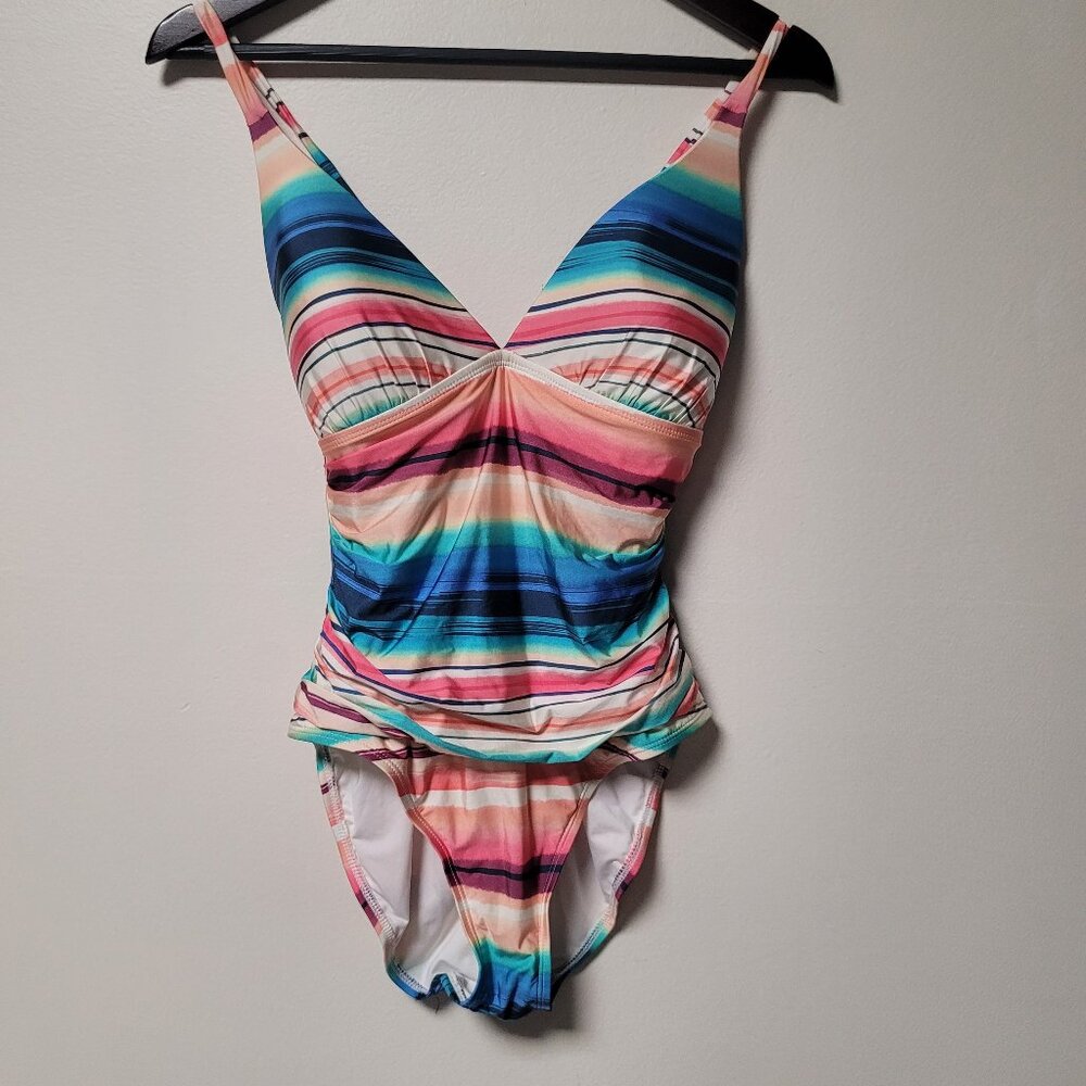 La Blanca Rainbow Stripe One Piece Swimsuit Ruched Tank Size 8 Beach Resort Swim